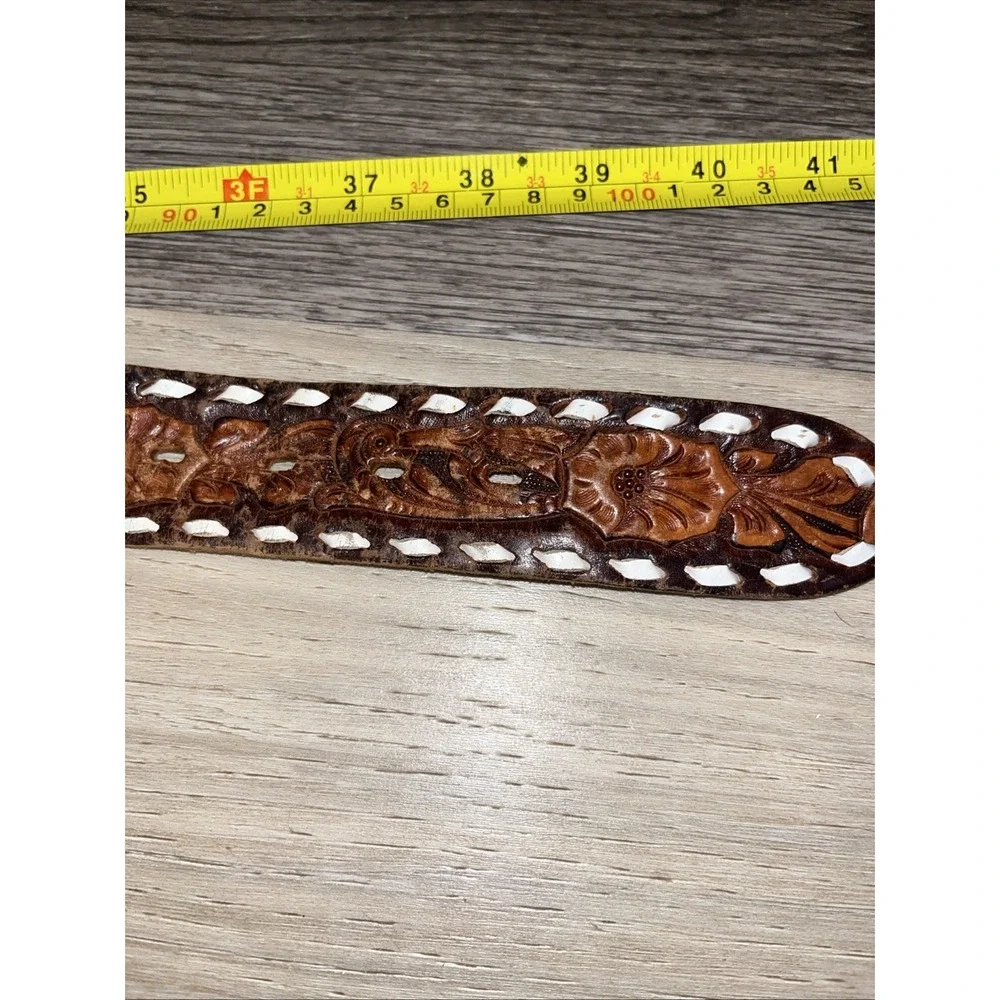 Vtg Tex-Made Tooled Leather Western Belt Size 38 Eagle Laced Snap On No Buckle